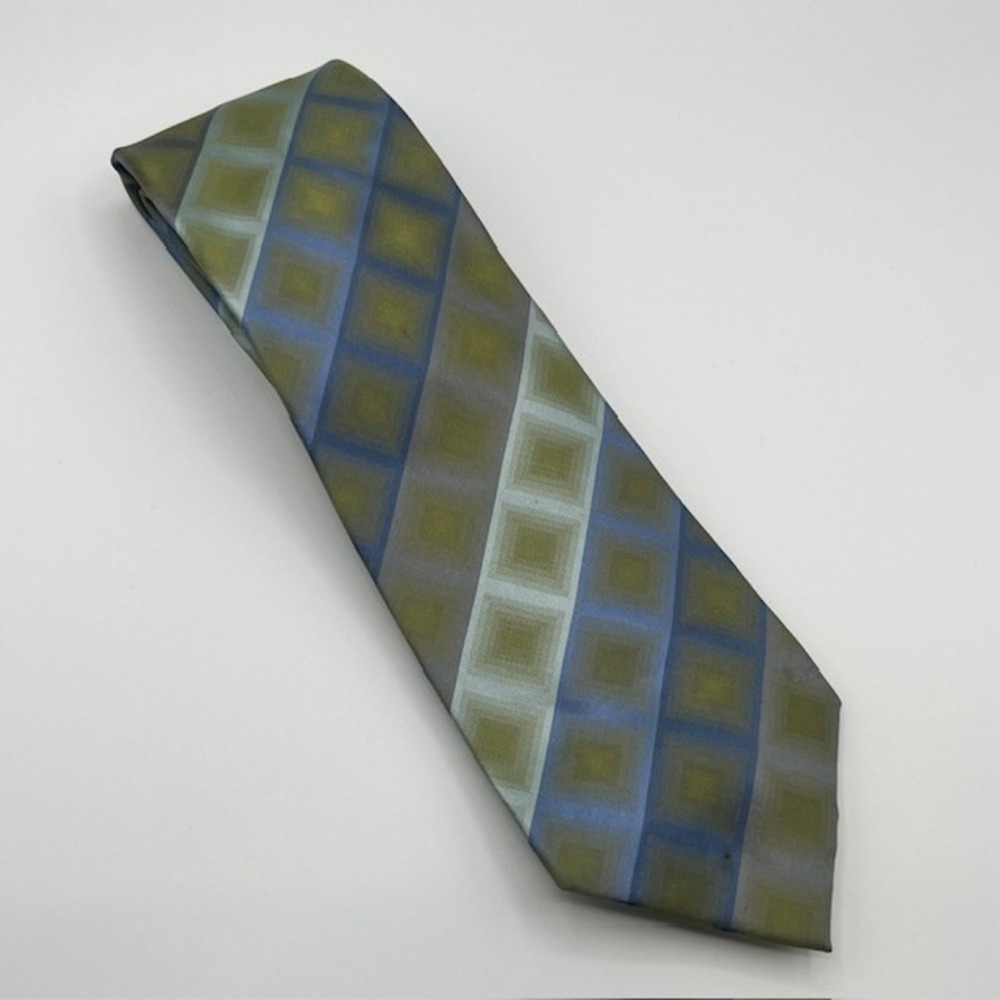 Van Heusen Mens Silk Necktie Green Blue Geometric Square Pattern Hand Made Tie